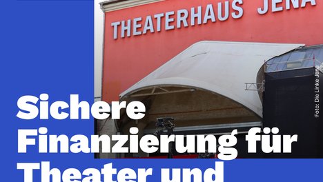 Bild mit Dem Text "Sichere Finanzierung für Theater und Orchester", Logo der Fraktion Die Linke im Stadtrat Jena, Fotographie des Schriftzuges am Theaterhaus Jena