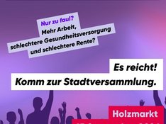Im Vordergrund steht eine Infografik mit kräftigen Farben und klaren Formen. Oben ist der Hashtag '#unkürzbar' in pink hervorgehoben, daneben steht 'Jena lädt zur STADTVERSAMMLUNG'. In der Mitte befinden sich zwei Sprechblasen: Die erste in lila mit dem Text 'Nur zu faul? Mehr Arbeit, schlechtere Gesundheitsversorgung und schlechtere Rente?', die zweite in weiß mit schwarzer Schrift 'Es reicht! Komm zur Stadtversammlung.' Unten rechts ist ein rotes Feld mit weißer Schrift: 'Holzmarkt 15 September 2026 17 Uhr'. Der Hintergrund besteht aus violetten und roten Farbflächen.