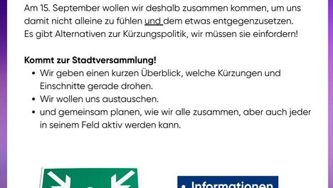 Im oberen Bereich steht ein Einladungstext in einem weißen Kasten mit violettem Rahmen. Die Überschrift ist in kräftigem Magenta gehalten: 'Einladung zur Solidarischen Stadtversammlung Jena 15.09. um 17Uhr'. Darunter folgt ein längerer Fließtext in dunkler Schrift, der zur Teilnahme an einer Stadtversammlung aufruft und soziale Missstände thematisiert. Im mittleren Bereich befindet sich ein grün-weißes Piktogramm: Vier stilisierte Personen stehen in der Mitte, umgeben von vier Pfeilen, die auf sie zeigen. Rechts daneben stehen drei Stichpunkte in weißen Kästen mit blauen Hintergrund: 'Informationen', 'Austausch', 'Gemeinsam uns entgegenstellen.' Am unteren Rand ist ein violett-blauer Schriftzug: 'JENA #unkürzbar'.